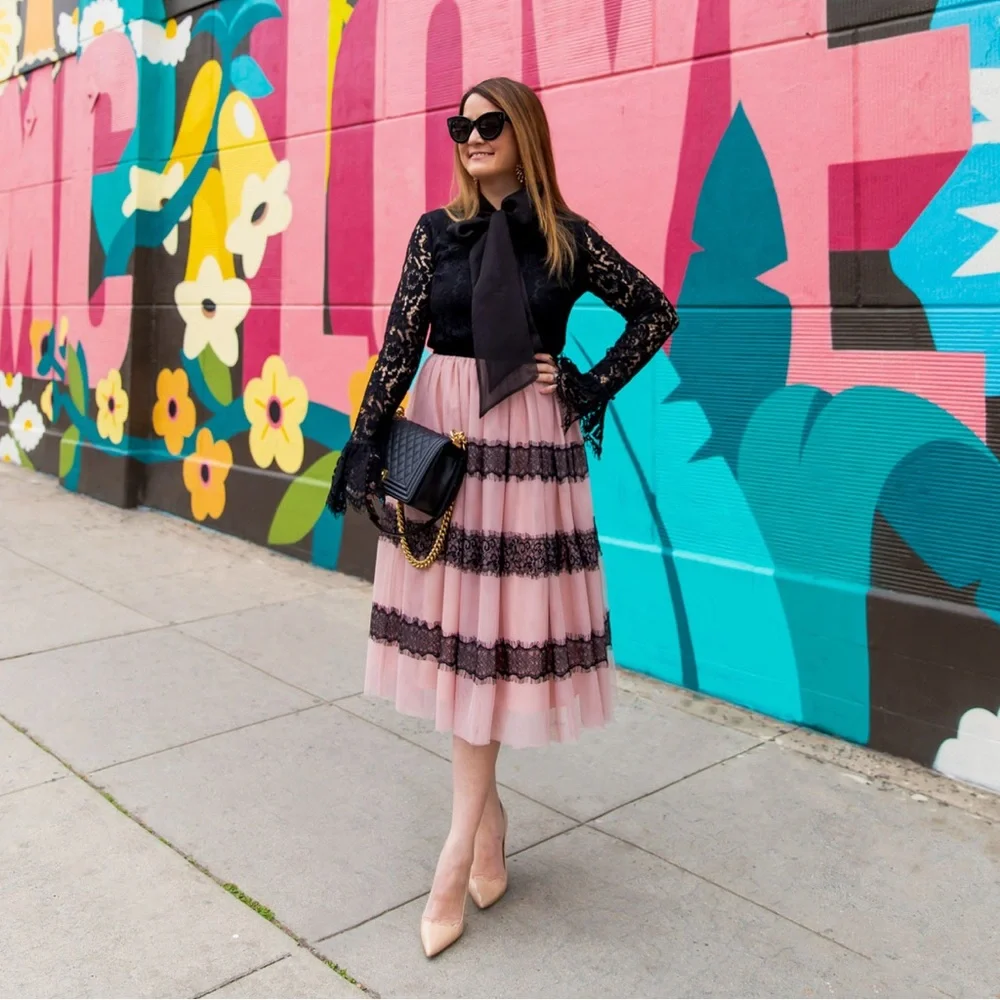 Rachel Parcell Whimsical Black Lace and Pink Tulle Midi Skirt Fully Lined Size M - Picture 8 of 8